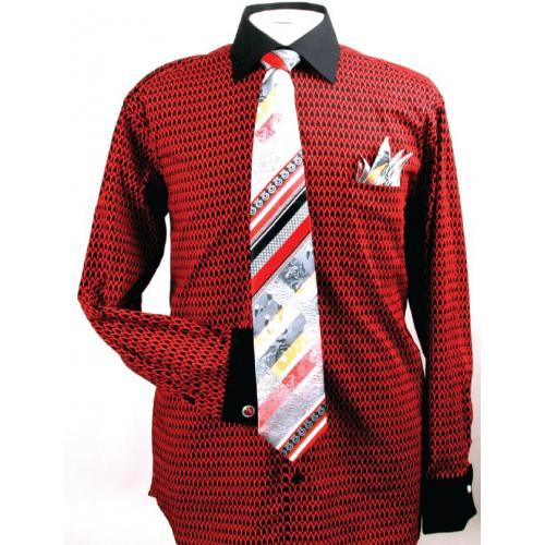 Fratello Black / Red Weave Design 100% Cotton Shirt / Tie / Hanky Set With Free Cufflinks FRV4127P2.